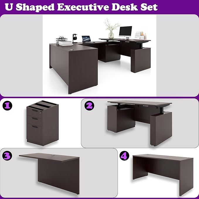100.4'' Height Adjustable U-Shaped Executive Desk with 3-Drawer File Cabinet and Shelves (Espresso-U)