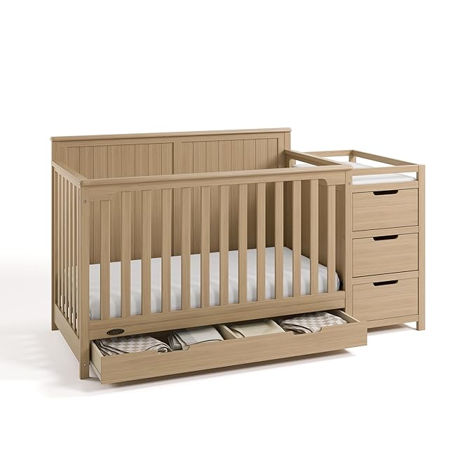 Graco Hadley 5-in-1 Convertible Crib & Changer (Driftwood) – GREENGUARD Gold Certified, Fits Standard Crib Mattress, Converts to Toddler Bed and Full Bed, 4 Adjustable Mattress Heights