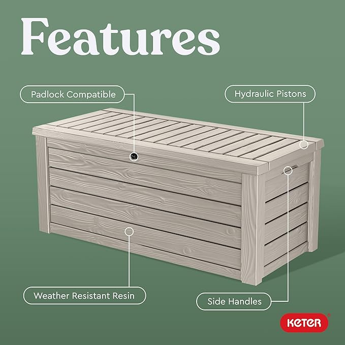 Keter Westwood 150 Gallon Resin Large Outdoor Storage Box for Patio Furniture, Outdoor Cushions, Garden Tools and Pool Floats, Beige