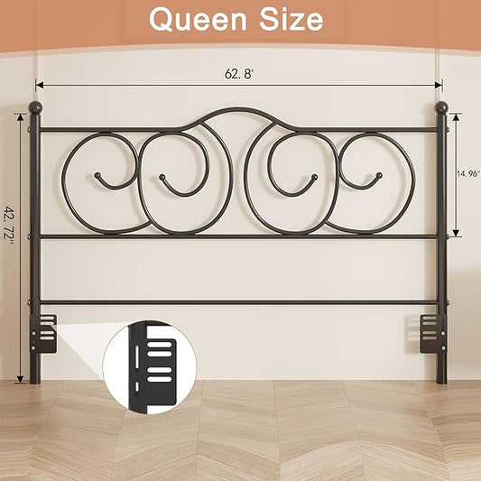 VECELO Metal Queen Size Headboard, Heavy Duty Curved Headboard Only Height Adjustable, Easy to Assembly, Farmhouse Victorian Style for Bedroom - Black, Queen