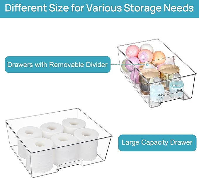 Vtopmart Clear Stackable Storage Drawers Set of 6, Easily Assemble Acrylic Bathroom Undersink Organizers,Plastic Storage Bins for Closet,Cabinet,Pantry,Medicine Organization
