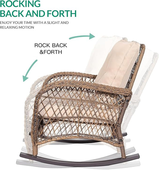 VIVIJASON 7-Piece Outdoor Patio Wicker Conversation Sets, All Weather Outdoor Rattan Furniture Set Includes Glider Loveseat, 2 Rocking Chairs, 2 Glider Rocker Chairs, 2 Coffee Table, Light Brown