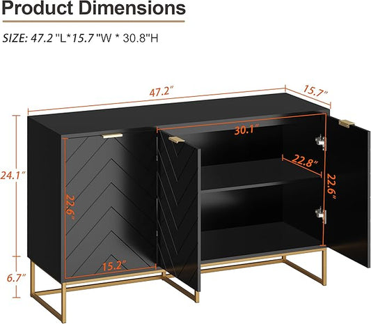 Scurrty Sideboard Cabinet with 3 Doors Buffet Cabinet with Adjustable Shelf, Storage Buffet with 3 Doors (Black)