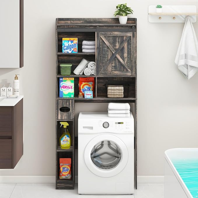 Over The Toilet Storage Cabinet, Farmhouse Storage Cabinet Over Toilet with Sliding Doors & Toilet Paper Holder Stand,Home Space-Saving Toilet Rack, for Bathroom, Laundry(Dark Grey)