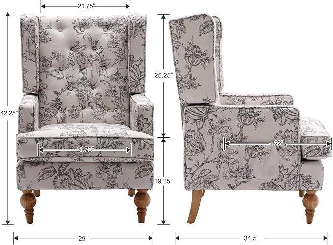 DUOMAY Tufted Accent Chair, Modern Linen Upholstered Wingback Side Arm Chair for Living Room Bedroom with Wood Legs, Comfy Reading Guest Chair for Office, Beige Flower Pattern