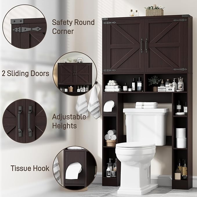 Vabches Over The Toilet Storage Cabinet, Farmhouse Storage Cabinet Over Toilet with 2 Barn Doors ,Toilet Paper Holder Stand,Home Space-Saving Toilet Rack, for Laundry, Restroom, Bathroom(Walnut)