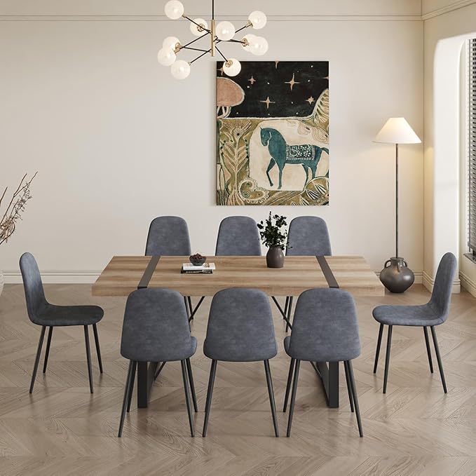 Dining Table Set for 8,9 Piece Dining Table Set,71'' Kitchen Table and Suede Nap Fabic Chairs Set of 8,for Kitchen Dining Room