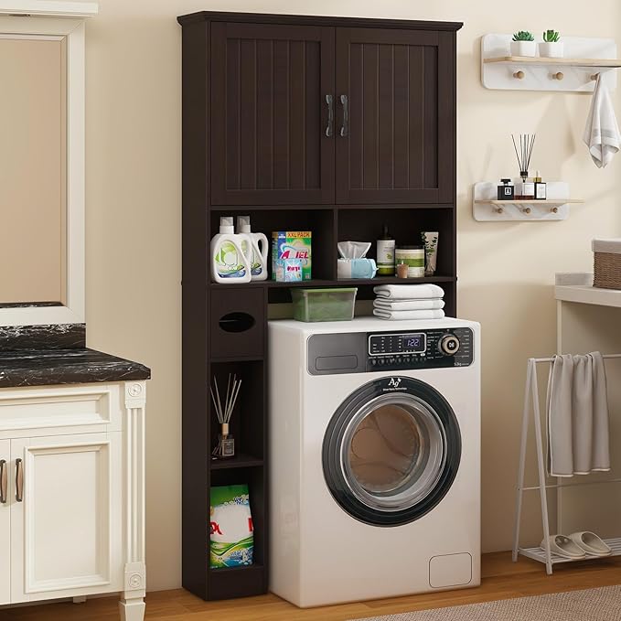Vabches Over The Toilet Storage Cabinet, Farmhouse Storage Cabinet Over Toilet with Barn Door& Toilet Paper Holder Stand,Home Space-Saving Toilet Rack, for Bathroom, Restroom, Laundry.(Walnut)