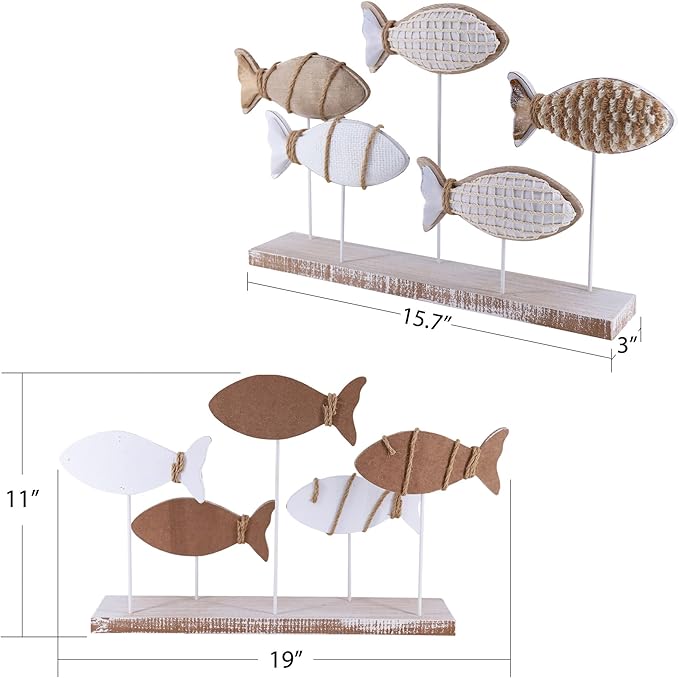 Wooden Fish Figurines with Jute Rope and Cotton String, Fish Sculpture Statues for Home Decoration, Table Top Nautical Decor for Living Room, Bedroom, Beachhouse Home Decor (JuteFish-5)
