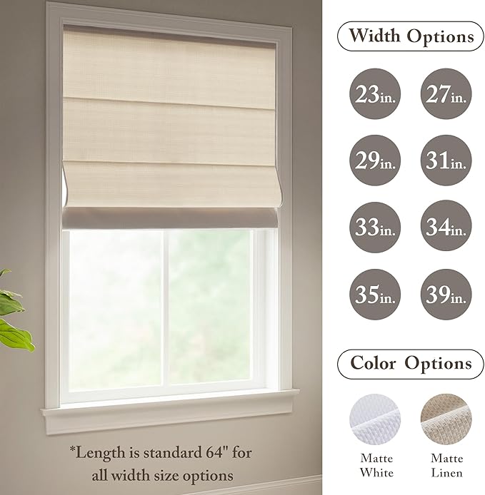 Madison Park Galen Matte Linen Cordless Roman Shades - Fabric Privacy Single Panel Darkening, Energy Efficient, Thermal Insulated Window Blind Treatment, for Home, Living Room Decor, 33" W x 64" H
