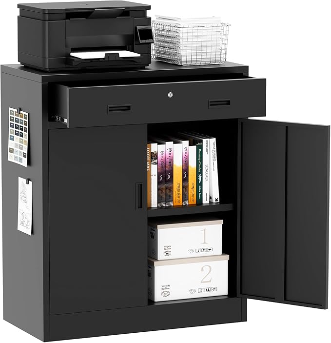 Steel Storage Cabinets,Metal Storage Cabinet with 1 Locking Drawers, Locking Storage Cabinets for Office, Home, Garage, Warehouse 37" H x 31.5" W x 15.7" D (Black)
