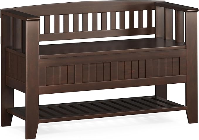 SIMPLIHOME Acadian Entryway Storage Bench - 48 inch Wide Solid Wood Hallway Seat with Shelf in Brunette Brown, Transitional Bench for Entryway or Living Room with Open Storage and Slatted Bottom