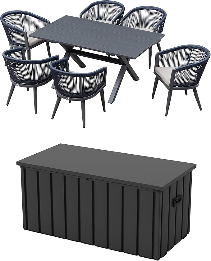 PURPLE LEAF Patio Dining Set for 6 with Gray Storage Box All-Weather Wicker 7 Piece Aluminium Outdoor Table and Chairs Set Included Cushions Modern Outdoor Furniture Set Grey and Navy