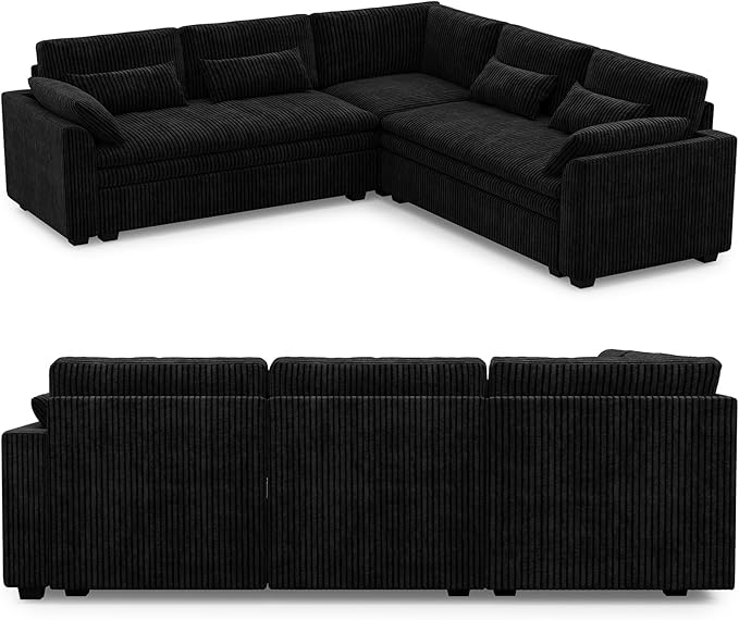 Belffin Large Modular Sectional Sofa with Double 61" Loveseat, Corduroy Corner Couch with 9" Soft Dual-Layer Seats Cushion for Living Room, Apartment, Small Sapce, Black