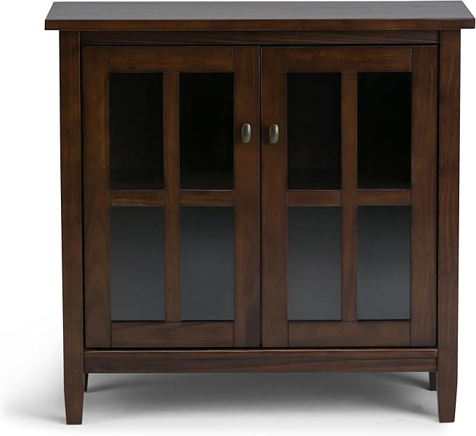 SIMPLIHOME Warm Shaker SOLID WOOD 32 inch Wide Transitional Low Storage Cabinet in Tobacco Brown for the Living Room, Entryway and Family Room