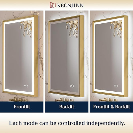 Keonjinn 72 x 36 Inch Bathroom Mirror with Frontlit & Backlit, Gold Metal Framed Beveled Edge Mirror, Large LED Mirror with Anti Fog for Wall, Stepless 3-Color Temperatures, UL-Listed Driver