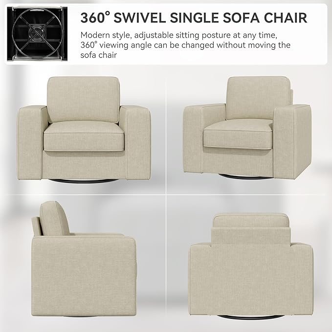 Swivel Accent Chair, FSC Certified Single Sofa 36'' Width Extra Wide Mid-Century Modern Armchair 1 pcs for Living Room, Bedroom, Office-Beige