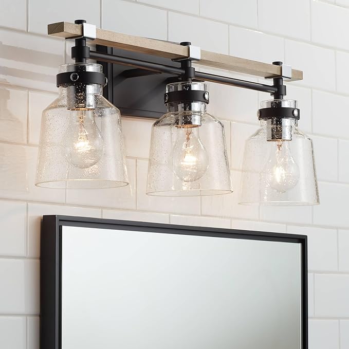 Possini Euro Design Broadway Modern Industrial Wall Light Black Painted Faux Wood Hardwired 23" 3-Light Fixture Clear Seedy Glass Shade for Bedroom Bedside Bathroom Vanity Living Room Hallway House
