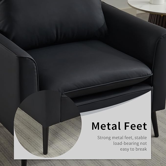 YISHENG Mid-Century Modern Living Room Accent Chairs Set of 2 - Oversized Faux Leather Armchairs with Removable Cushions & Metal Legs, Comfortable Sofas for Office/Lounge/Bedroom/Reception,(Black)