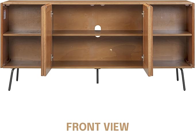 NTC MOSSIC Modern Sideboard with 4 Doors, Natural Rattan Storage Cabinet, Buffet with Metal Legs, Boho Accent Cabinet for Living Room, and Entryway, Effortless Assembly, Teak Look