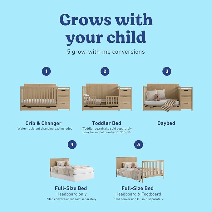 Graco Hadley 5-in-1 Convertible Crib & Changer (Driftwood) – GREENGUARD Gold Certified, Fits Standard Crib Mattress, Converts to Toddler Bed and Full Bed, 4 Adjustable Mattress Heights