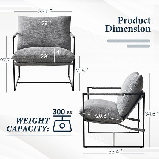 Sling Accent Chair with Metal Frame, Comfortable Boucle Fabric Arm Chair, Upholstered Cozy Reading Chair for Living Room, Bedroom, Dressing Room, Home Office, Grey