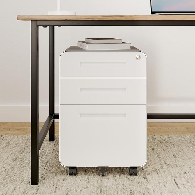 FLEXISPOT Metal File Cabinet for Under Desk Storage Mobile 3 Drawer File Cabinet Round Corner Design Filing Cabinets for Home Office,White