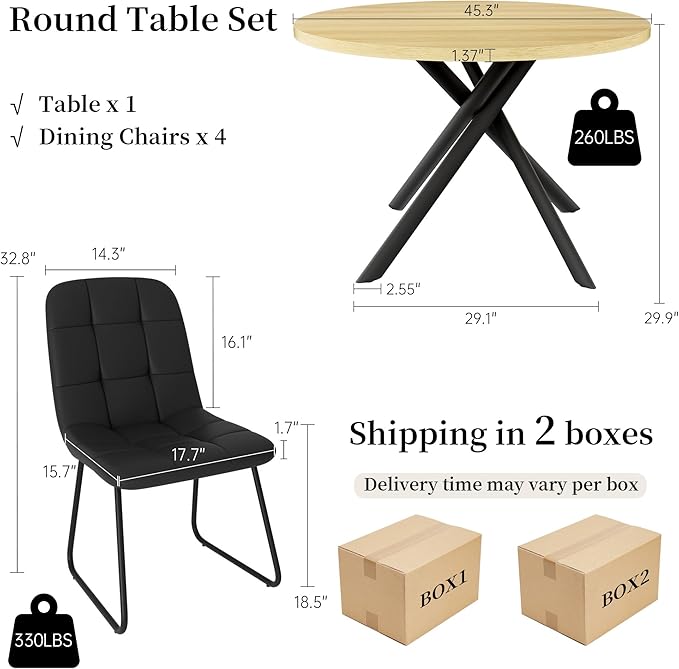 45.3 Inch Round Dining Table Set for 4, Mid Century Modern Small Coffee Set for Dining Room Kitchen Apartment (Cream Table + 4 U-Shaped Black Chairs)