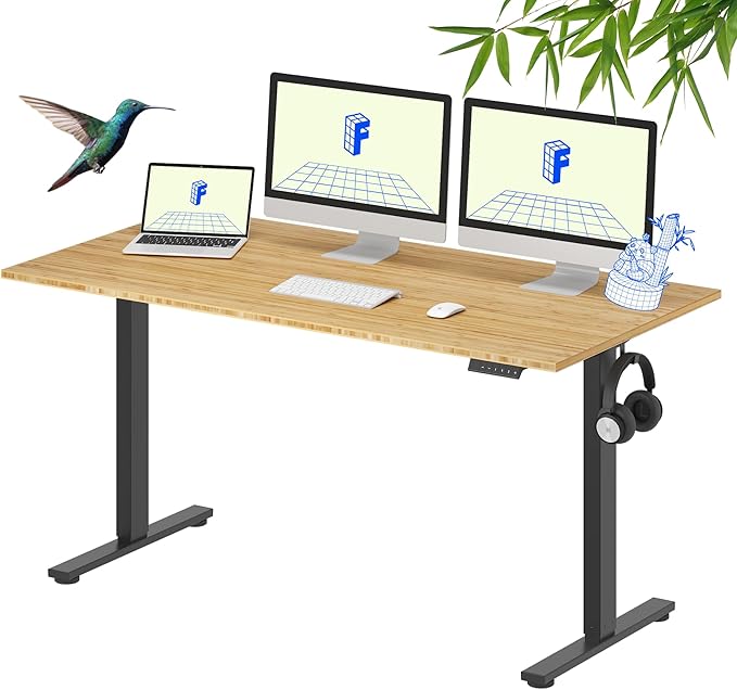 FLEXISPOT EN1 Bamboo Standing Desk, 60 x 30 Inches Whole-Piece Electric Adjustable Height Desk for Home Office (Black Frame + Bamboo Top, 2 Packages)