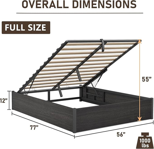 Lift Up Storage Bed Frame, Full Size Wooden Platform Bed with Large Storage Underneath, No Box Spring Needed, Noise Free, Black