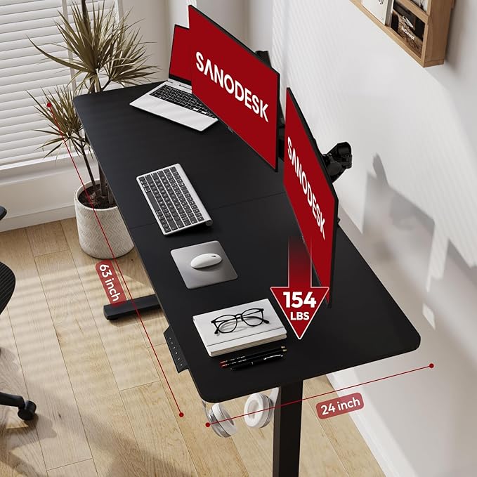 SANODESK Electric Standing Desk 63x24 Inch Height Adjustable Stand Up Desk Home Office Computer Workstation Sit Stand Home Office Desk with Splice Board (Black Frame + Black Top)