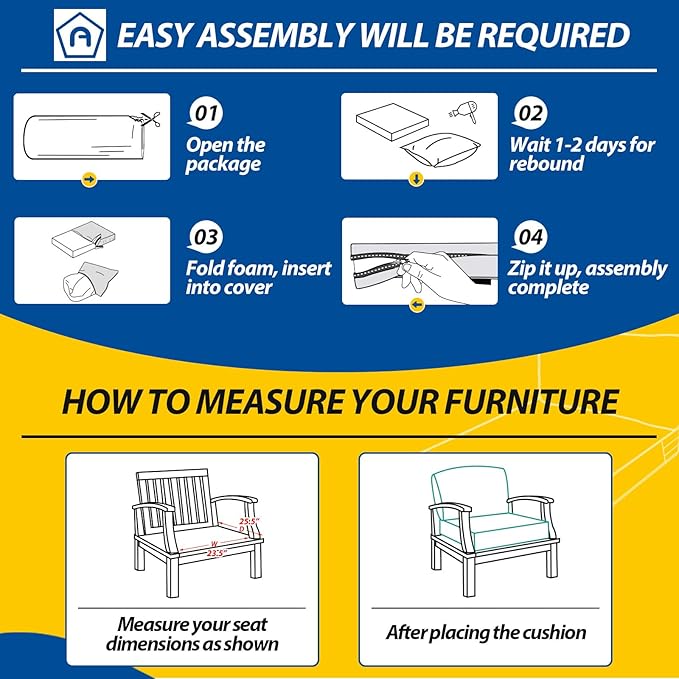 AAAAAcessories Outdoor Deep Seat Cushions, Waterproof, Fade-Resistant Patio Furniture Replacement Cushions, 23.5" x 25.5" x 5" + 23.5" x 19", Set of 4, Khaki Beige