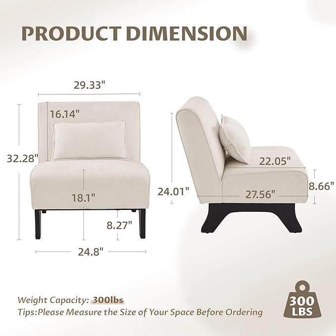 Set of 2 Upholstered Armless Accent Chair,Modern Comfy Living Room Chairs with Wooden Legs& Pillows,Lounge Sofa Side Chair for Bedroom Farmhouse Reading (Beige, 2 PCS)