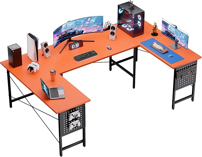 Pamray 71 Inch Large Computer Desk with Power Outlets,U Shaped Corner Desk for Home Office Work and Gaming Orange