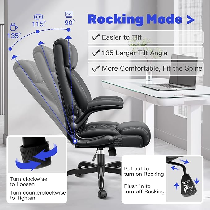 High Back Executive Office Chair - Ergonomic Computer Desk With Rocking Function, Leather Managerial With Adjustable Flip-Up Armrests and Lumbar Support