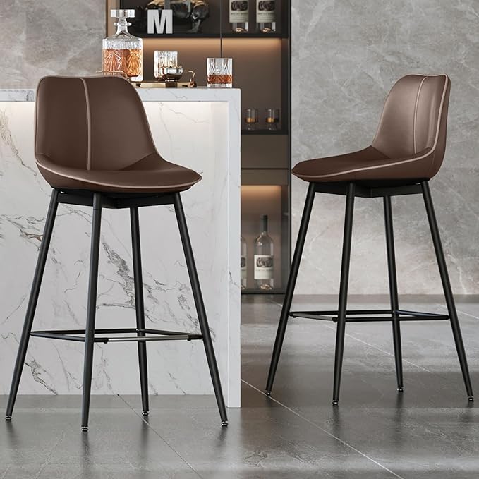 VASAGLE Bar Stools Set of 2, Bar Height Bar Stools with Back, Ergonomic Backrest, Synthetic Leather, Metal Legs, 28.7-Inch Tall Barstools for Kitchen Island Home Bar, Easy Assembly, Chestnut Brown