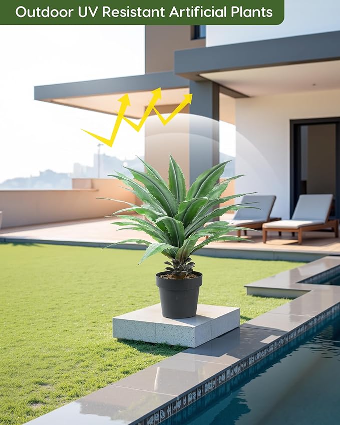 Velener Artificial Agave Plant in Black Pot with Real Stone Pebbles, Large Fake Agave Plants with Green Serrated Leaves, Faux Yucca for Indoor and Outdoor Decor-32 Inches Tall, 40 Leaves