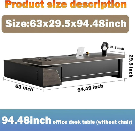 Modern Large Desk, Modern L-shaped Desk With Side Cabinets, Executive Desk With Combination Lock Drawer, Business Furniture Desk With Simple Cable Management (chair Not Included)(63x29.5x94.48inch)