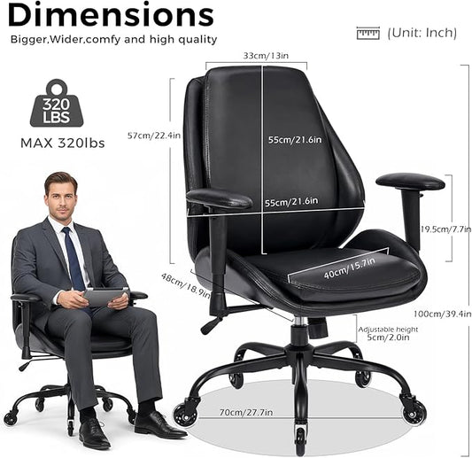 BEWISHOME Home Office Desk Chair, Black Leather Executive Chair with Adjustable Armrests, Computer Chair with Lumbar Support, 360° Swivel Ergonomic Rolling Chair for Adults, Up to 320lbs,BBY02B