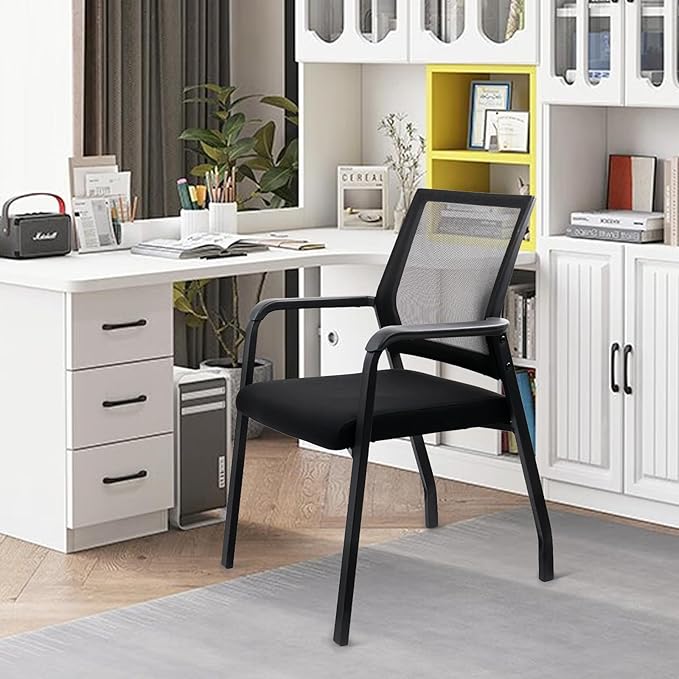 Ergonomic Mesh Guest Chair – No Wheels, Lumbar Support Design, Thick Cushion & Padded Arms – for Office Reception, School, Church Waiting Rooms, Lobby – Black 2PK
