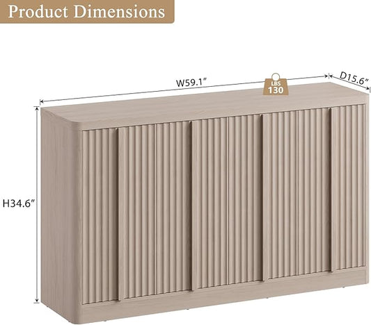 Fluted Buffet Cabinet with Storage, 60"Sideboard Buffet Cabinet with 4 Door-Modern Credenza Storage Cabinets with Adjustable Shelves, Solid Wood Handles for Kitchen Living Room, White Alder(1PC)