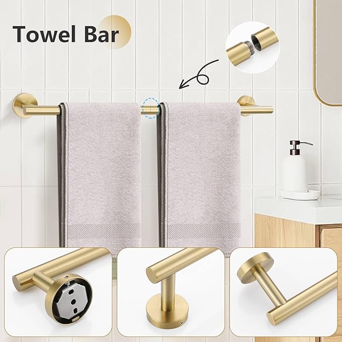 TNOMS 5-Piece Towel Bar Set Brushed Gold Bathroom Hardware Accessories Set Include 23.6in Towel Bar Toilet Paper Holder Towel Ring Upgraded Towel Hooks Towel Holder Set Stainless Steel Wall Mounted