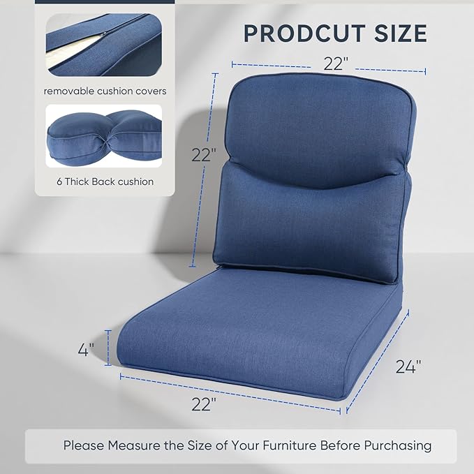 Outdoor Chair Cushions for Patio Furniture - 1 Pack Outside High Back Comfortable Thickened Pillow 22x24 with Zipper Cover for Wicker Rocking Swivel Chairs Loveseat Sofa – Blue/Crescent