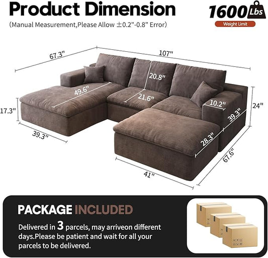 107'' U-Shaped Modern Modular Sectional Cloud Couch Whit Ottoman, 4-Seat Chenille Deep-Seat Sofa with Pillow for Living Room, Bedroom, Apartment, Camel