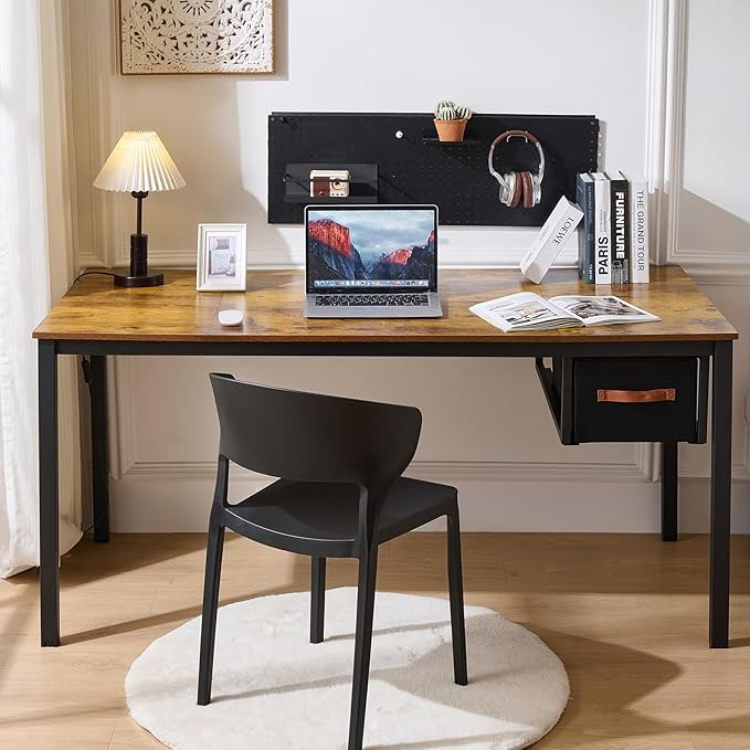 Computer Desk with Drawer, 63 Inch Large Home Office Work Desks, Modern Writing Study PC Desk Gaming Table for Bedroom Home, Stable Thick Metal Legs Frame Support (Rustic Brown)