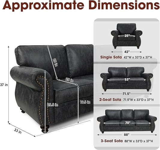 Living Room Furniture Sets,Mid-Century Vintage Sofa Couches with Rivet Design (Grey, Single+Loveseat)