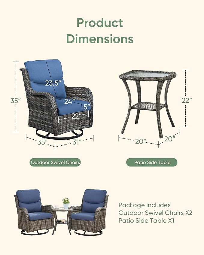 HUMMUH High Back Outdoor Swivel Rocker Patio Chairs Set of 2, with 5-Inch Thick Cushions and Side Table,All-Weather Patio Furniture for Porch,Poolside, Deck, and Yard