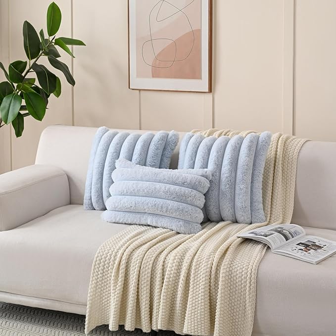 FUTEI Light Blue Decorative Throw Pillow Covers 20x20 Inch Set of 2, Square Soft Faux Rabbit Fur Thick Striped Cushion Cover,Winter Home Decor for Couch Bed Living Room