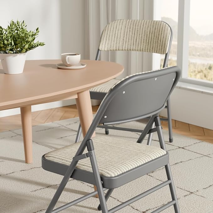12 Pack Folding Chairs Fabric Dining Chair Set with Padded Cushion and Back, Indoor Outdoor Foldable Seat with Steel Frame for Home Office Events Wedding Party, Oatmeal Strip Seating