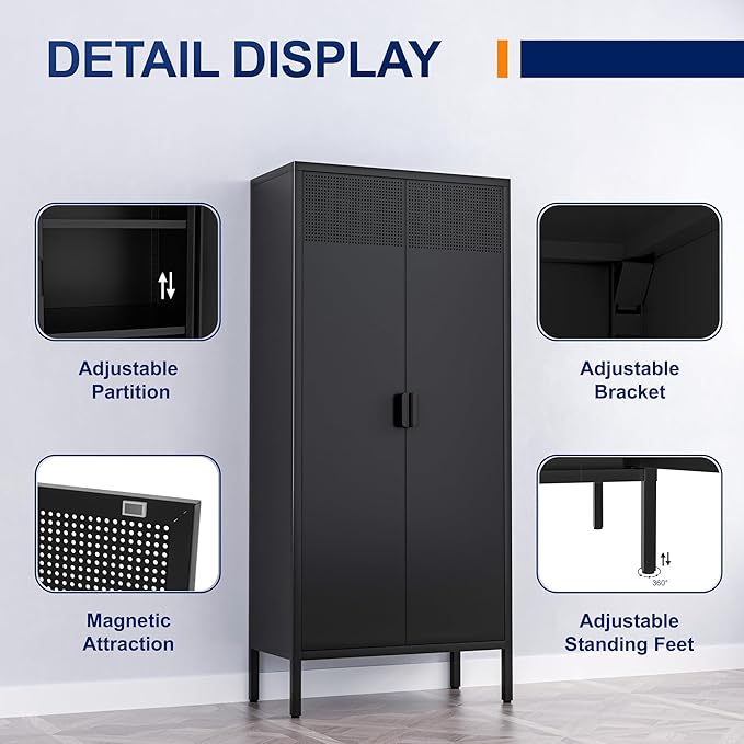 Metal Storage Cabinets with Adjustable Shelves,Pantry Kitchen Storage Cabinets,Floor Storage Cabinet for Kitchen, Laundry Room, Home Office, Kids Room (Black, 61''H)